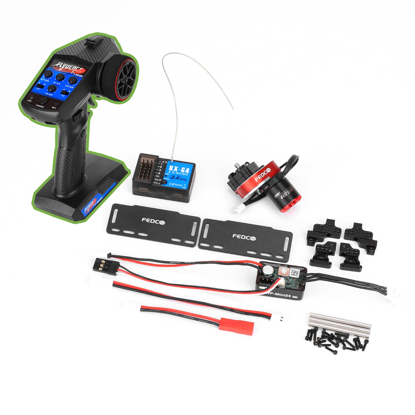 SCX24 Transmitter and Receiver 2.4GHz 4CH with Brushless Motor Transmission,Shock Mount,Side Plate,PH2.0 & JST & MX2.0 Plug,RTR Version for Axial SCX24 Upgrades 1/24 RC Crawler