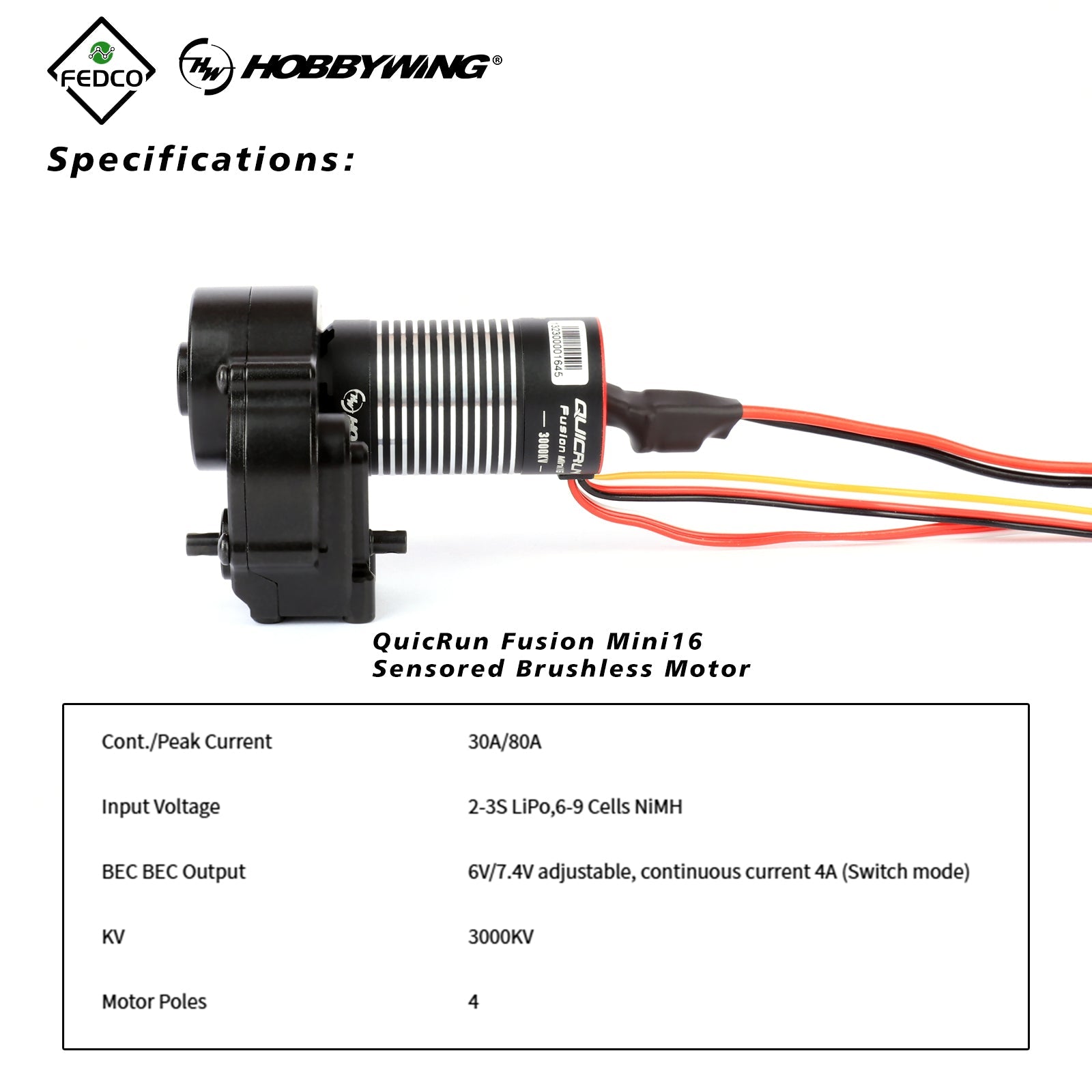 FEDCO UTB18 Motor Transmission with Hobbywing QUICRUN Fusion Mini16 3000KV Brushless Motor ESC Combo 2in1 FOC System for Axial UTB18 Capra 4WD & 4WS Upgrades 1/18 RC Crawler - FEDCO
