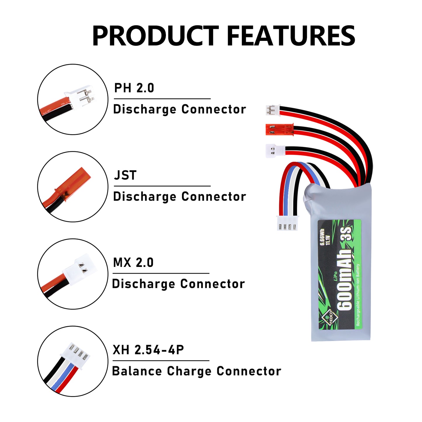 11.1V Lipo Battery 600mAh 3S with JST&PH2.0&MX2.0 Plug Connector for 1/18 1/24 RC Car Truck Truggy and RC Drone Airplane
