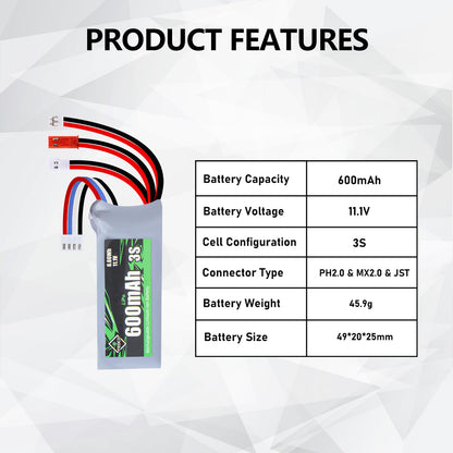 11.1V Lipo Battery 600mAh 3S with JST&PH2.0&MX2.0 Plug Connector for 1/18 1/24 RC Car Truck Truggy and RC Drone Airplane