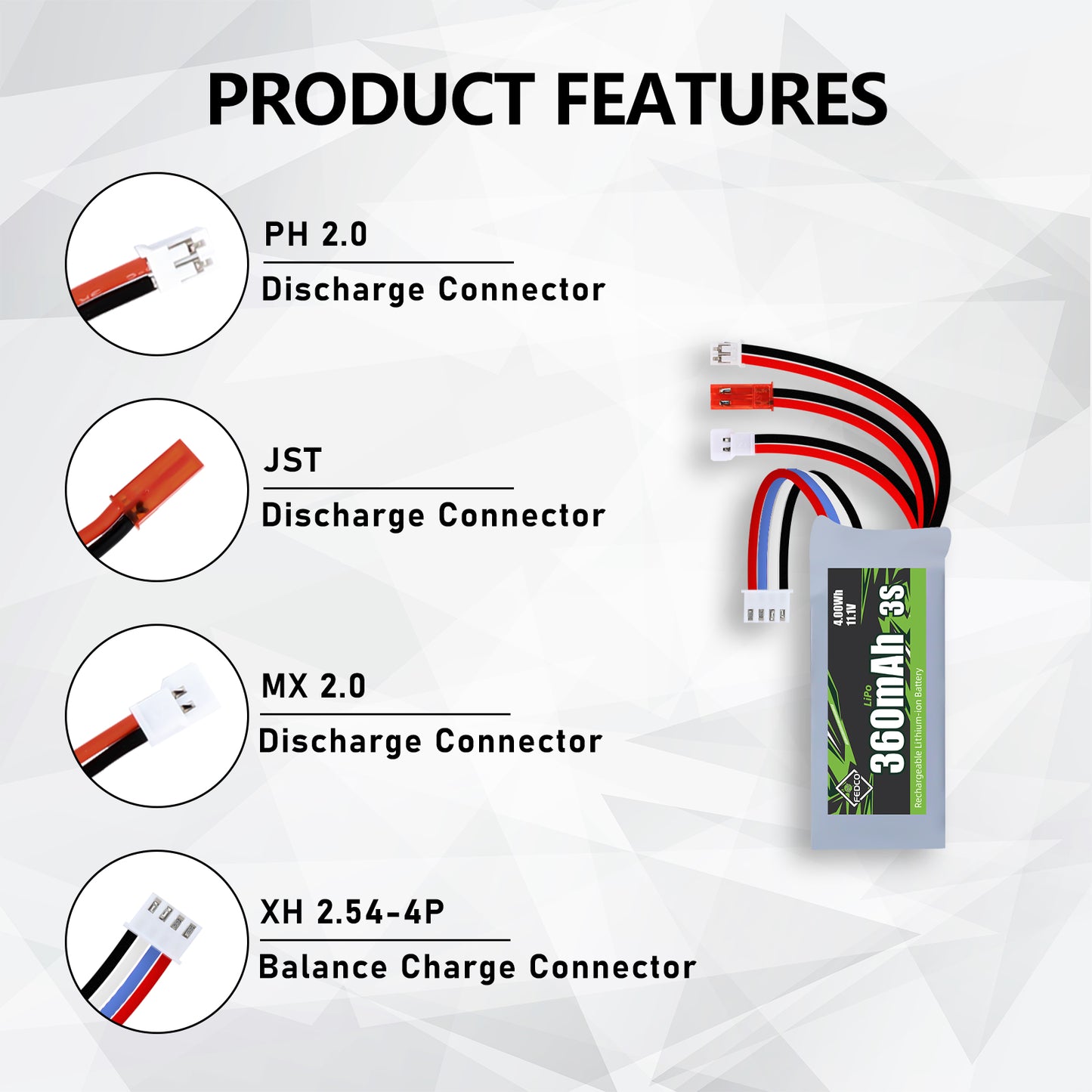 3S Lipo Battery 11.1V 360mAh Rechargeable RC Battery JST&MJ&PH2.0&MX2.0 Plug Connector for 1/18 1/24 RC Car RC Truck and RC Drone
