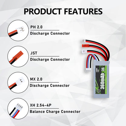 3S Lipo Battery 11.1V 360mAh Rechargeable RC Battery JST&MJ&PH2.0&MX2.0 Plug Connector for 1/18 1/24 RC Car RC Truck and RC Drone