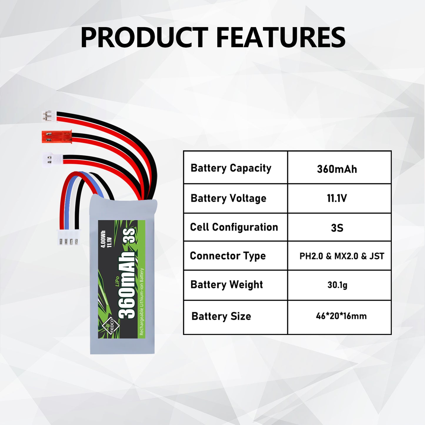 3S Lipo Battery 11.1V 360mAh Rechargeable RC Battery JST&MJ&PH2.0&MX2.0 Plug Connector for 1/18 1/24 RC Car RC Truck and RC Drone
